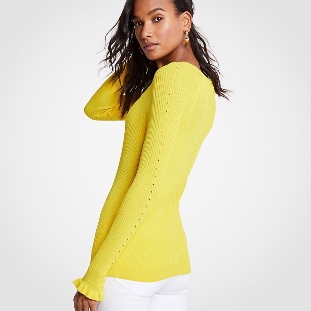 Ann Taylor Yellow Ribbed Ruffle Cuff Top Blouse - Picture 2 of 3